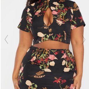 PLUS BLACK FLORAL PRINT CUT OUT CROP TOP & SKIRT